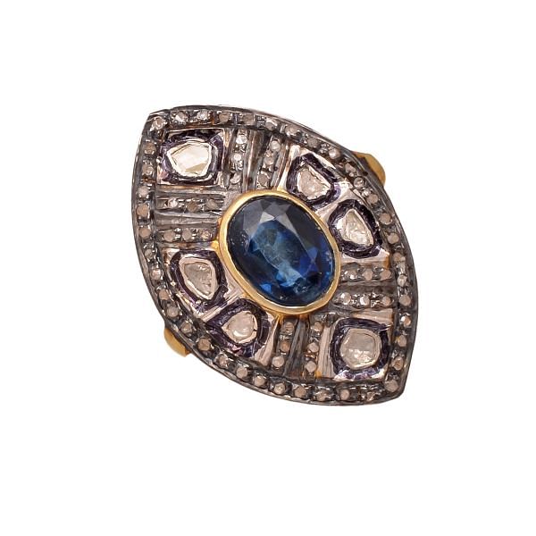 Victorian Jewelry, Silver Diamond Ring With Rose Cut Diamond, Polki Diamond And Kyanite Stone Studded In 925 Sterling Silver Gold, Black Rhodium Plating. J-841