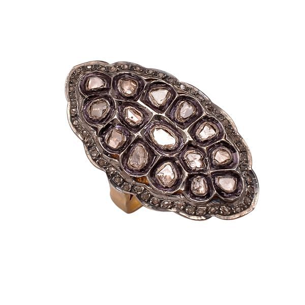 Victorian Style, Silver Diamond Ring With Polki Diamonds In Gold, Black Rhodium Plating. J-842.