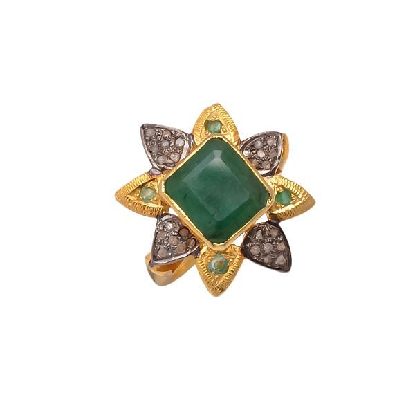 Victorian Jewelry, Silver Diamond Ring With Rose Cut Diamond, And Emerald Stone Studded In 925 Sterling Silver Gold, Black Rhodium Plating. J-844