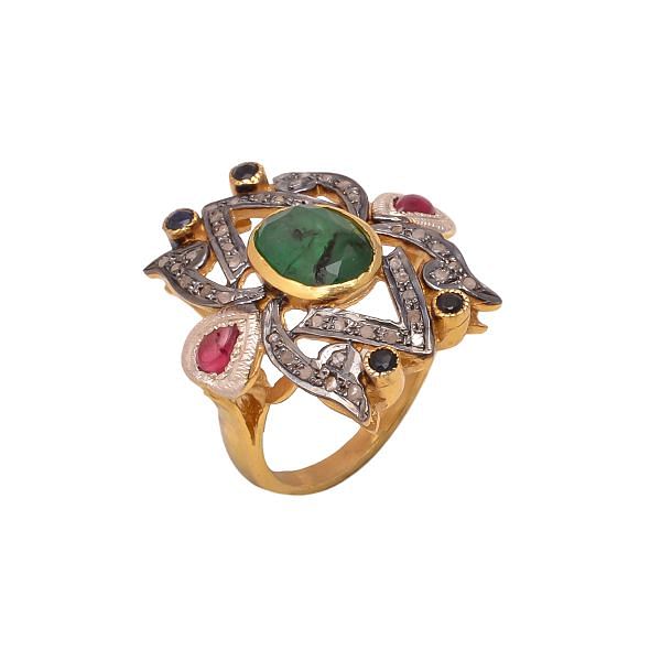 Victorian Jewelry, Silver Diamond Ring With Rose Cut Diamond, Pink Tourmaline And Emerald Stone Studded In 925 Sterling Silver Gold, Black Rhodium Plating. J-847