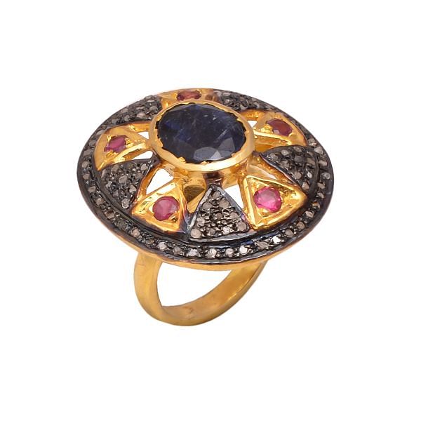 Victorian Jewelry, Silver Diamond Ring With Rose Cut Diamond, Pink Tourmaline And Kyanite Stone Studded In 925 Sterling Silver Gold, Black Rhodium Plating. J-848