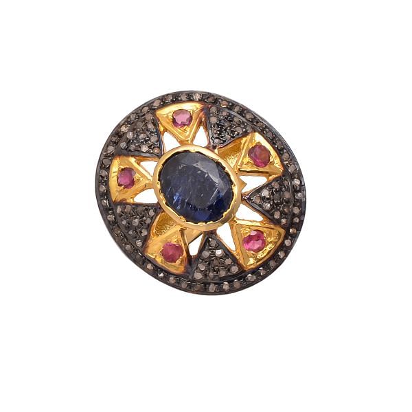 Victorian Jewelry, Silver Diamond Ring With Rose Cut Diamond, Pink Tourmaline And Kyanite Stone Studded In 925 Sterling Silver Gold, Black Rhodium Plating. J-848