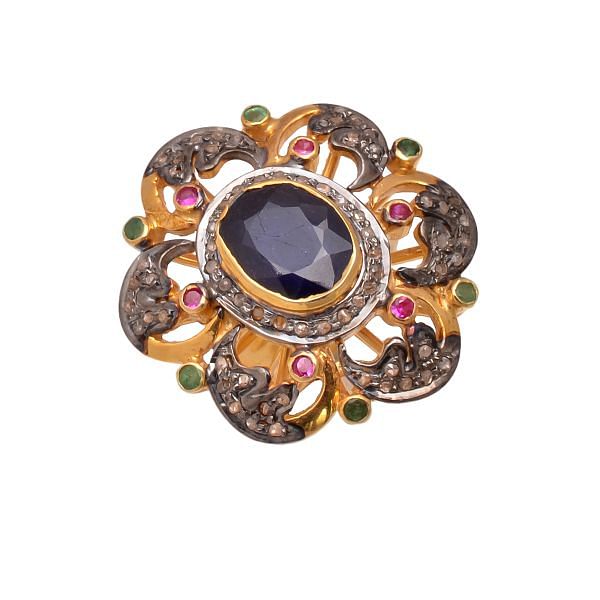Victorian Jewelry, Silver Diamond Ring With Rose Cut Diamond, Ruby, Emerald And Sapphire Stone Studded In 925 Sterling Silver Gold, Black Rhodium Plating. J-849