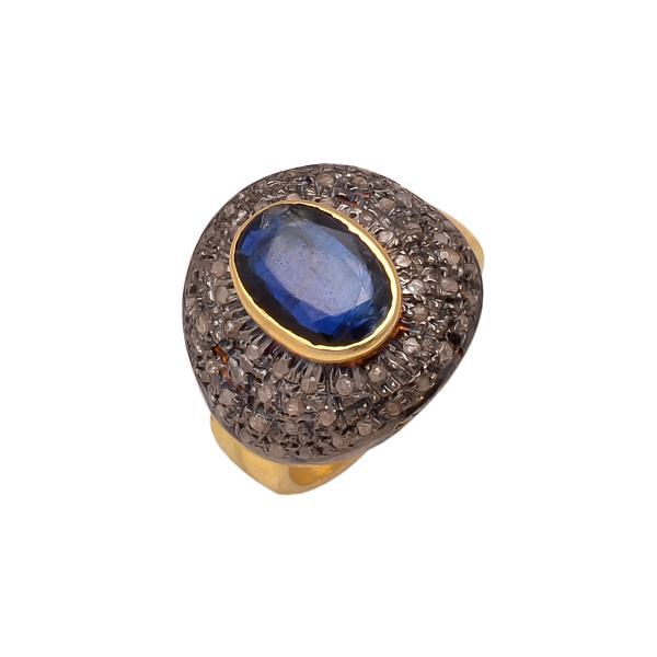 Victorian Jewelry, Silver Diamond Ring With Rose Cut Diamond, And Kyanite Stone Studded In 925 Sterling Silver Gold, Black Rhodium Plating. J-850