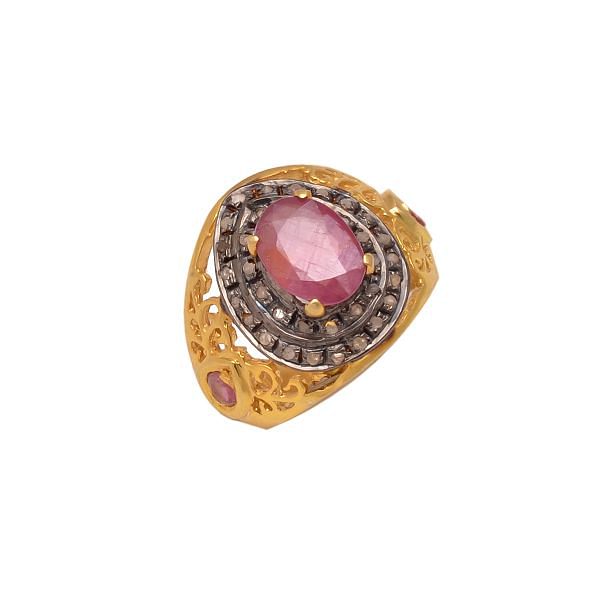 Victorian Jewelry, Silver Diamond Ring With Rose Cut Diamond And Ruby Stone Studded In 925 Sterling Silver Gold, Black Rhodium Plating. J-855