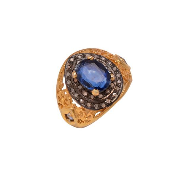 Victorian Jewelry, Silver Diamond Ring With Rose Cut Diamond And Kyanite Stone Studded  In 925 Sterling Silver Gold, Black Rhodium Plating. J-859