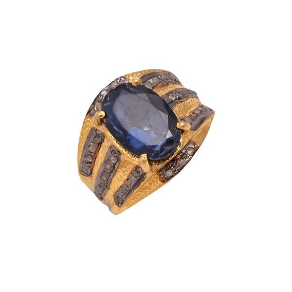 Victorian Jewelry, Silver Diamond Ring With Rose Cut Diamond And Kyanite Studded In 925 Sterling Silver Gold, Black Rhodium Plating. J-863