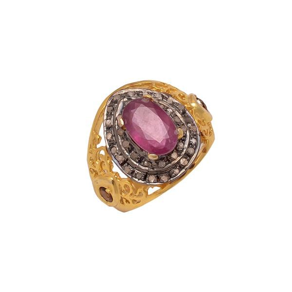 Victorian Jewelry, Silver Diamond Ring With Rose Cut Diamond, And Ruby Stone Studded In 925 Sterling Silver Gold, Black Rhodium Plating. J-865