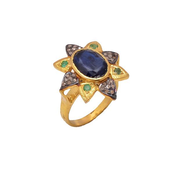 Victorian Jewelry, Silver Diamond Ring With Rose Cut Diamond, Emerald And Kyanite Stone Studded  In 925 Sterling Silver Gold, Black Rhodium Plating. J-870