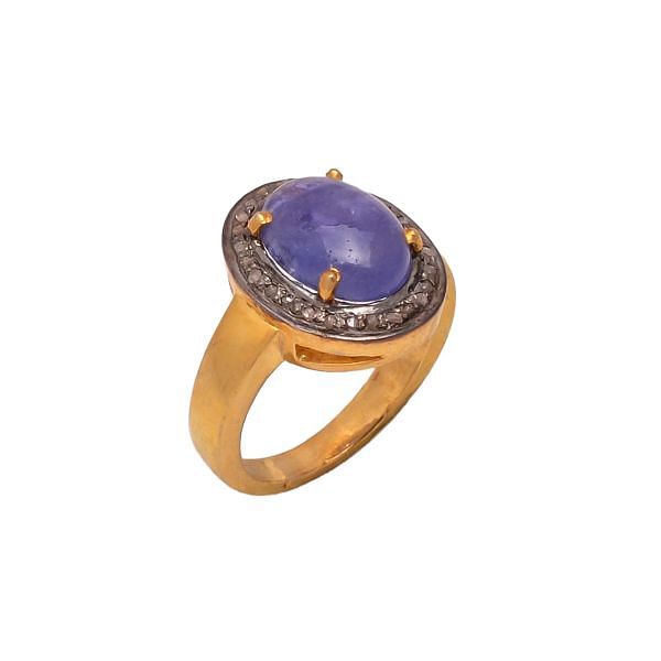 Victorian Jewelry, Silver Diamond Ring With Rose Cut Diamond And Tanzanite Stone Studded  In 925 Sterling Silver Gold, Black Rhodium Plating. J-873