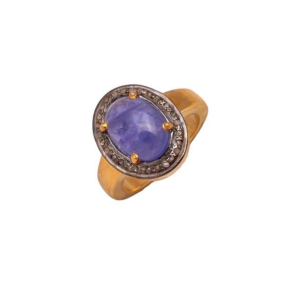 Victorian Jewelry, Silver Diamond Ring With Rose Cut Diamond And Tanzanite Stone Studded  In 925 Sterling Silver Gold, Black Rhodium Plating. J-873