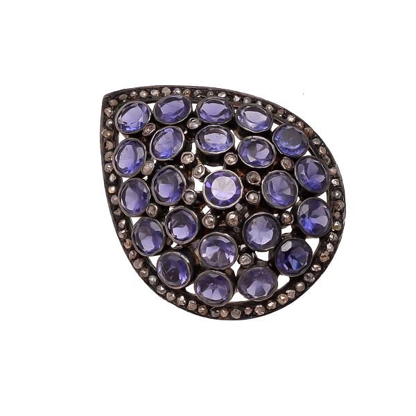 Victorian Jewelry, Silver Diamond Ring With Rose Cut Diamond And Sapphire Stone Studded In 925 Sterling Silver Gold Plating. J-880