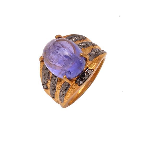 Victorian Jewelry, Silver Diamond Ring With Rose Cut Diamond And Tanzanite Stone Studded In 925 Sterling Silver Gold, Black Rhodium Plating. J-886