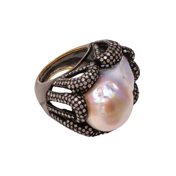 Victorian Jewelry, Silver Diamond Ring With Rose Cut Diamond And Pearl Stone Studded In 925 Sterling Silver Black Rhodium Plating. J-887