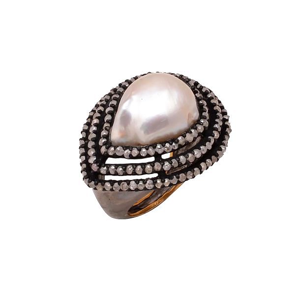 Victorian Jewelry, Silver Diamond Ring With Rose Cut Diamond And Pearl Stone Studded  In 925 Sterling Silver In Black Rhodium Plating. J-891