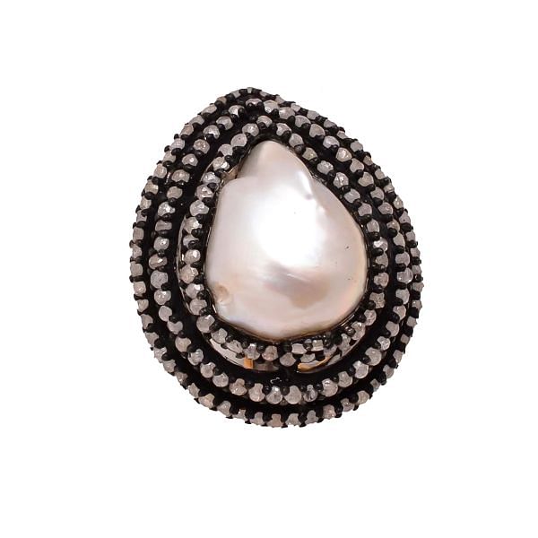 Victorian Jewelry, Silver Diamond Ring With Rose Cut Diamond And Pearl Stone Studded  In 925 Sterling Silver In Black Rhodium Plating. J-891