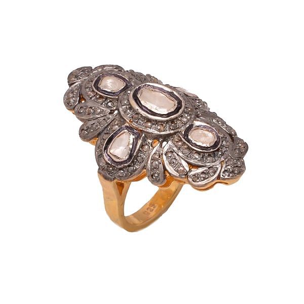 Victorian Jewelry, Silver Diamond Ring With Rose Cut Diamond And Polki Diamond In 925 Sterling Silver Gold, Black Rhodium Plating. J-892