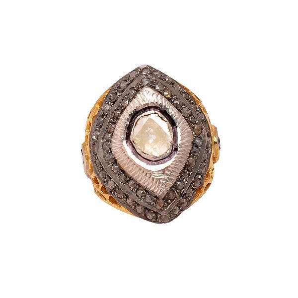 Victorian Jewelry, Silver Diamond Ring With Rose Cut Diamond And Polki Diamond Studded In 925 Sterling Silver Gold, Black Rhodium Plating. J-893