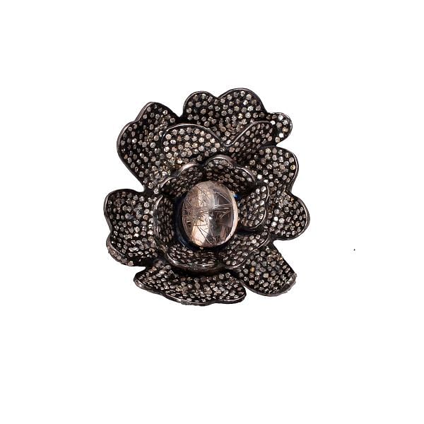 Victorian Jewelry, Silver Diamond Ring With Rose Cut Diamond And Rutile Quartz Stone Studded In 925 Sterling Silver Black Rhodium Plating. J-894