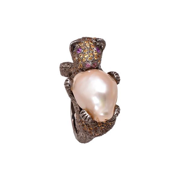 Victorian Style Jewelry, Silver Diamond Ring With Natural Rose Cut Diamond And Pearl Stone Studded In Black Rhodium Plating. J-898.