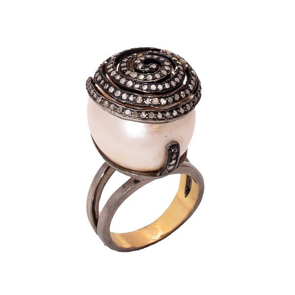 Victorian Jewelry, Silver Diamond Ring With Rose Cut Diamond And Pearl Stone Studded in 925 Sterling Silver Black Rhodium Plating. J-907