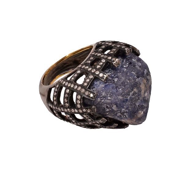 Victorian Jewelry, Silver Diamond Ring With Rose Cut Diamond And Iolite Stone Studded In 925 Sterling Silver, Black Rhodium Plating. J-910