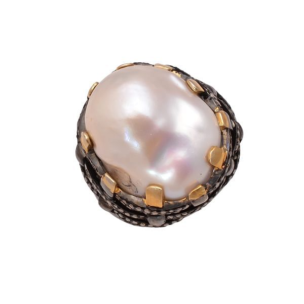 Victorian Style Jewelry, Silver Diamond Ring With Natural Rose Cut Diamond And Pearl Stone Studded In 925  Sterling Silver, Black Rhodium Plating. J-919.