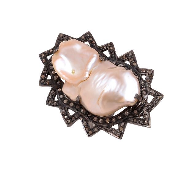 Victorian Jewelry, Silver Diamond Ring With Rose Cut Diamond And Pearl Stone Studded In 925 Sterling Silver Black Rhodium Plating. J-927