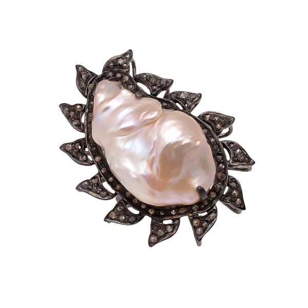 Victorian Jewelry, Silver Diamond Ring With Rose Cut Diamond And Pearl Stone Studded  In 925 Sterling Silver Black Rhodium Plating. J-930