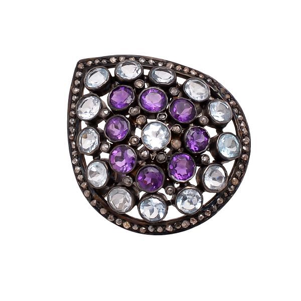 Victorian Jewelry, Silver Diamond Ring With Rose Cut Diamond,Amethyst And Blue Topaz Stone Studded In 925 Sterling Silver Black Rhodium Plating. J-932