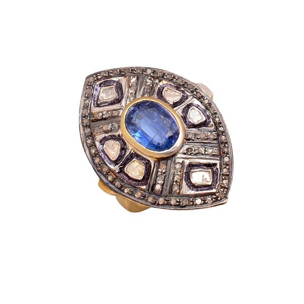 Victorian Jewelry Silver Diamond Ring In 925 Sterling Silver, Polki And Kyanite Stone Studded In Gold Plating. J-936