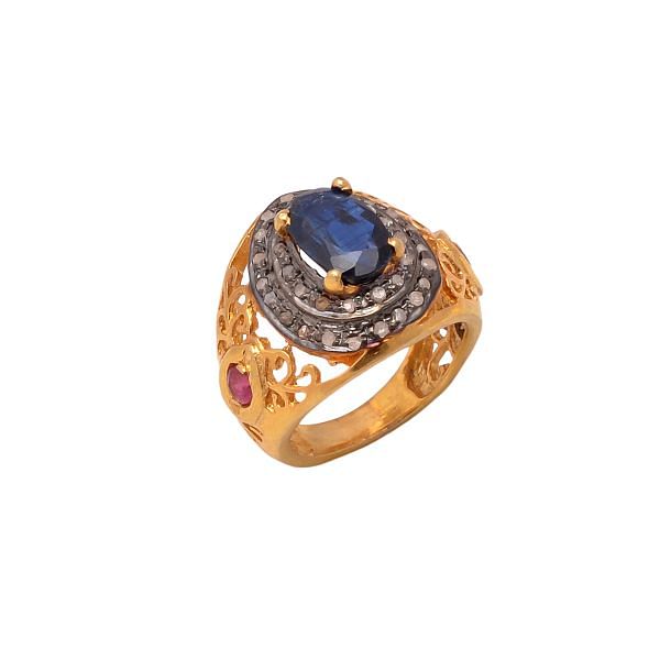 Victorian Jewelry, Silver Diamond Ring With Rose Cut Diamond And Kyanite, Ruby Stone Studded  In 925 Sterling Silver Gold, Black Rhodium Plating. J-941