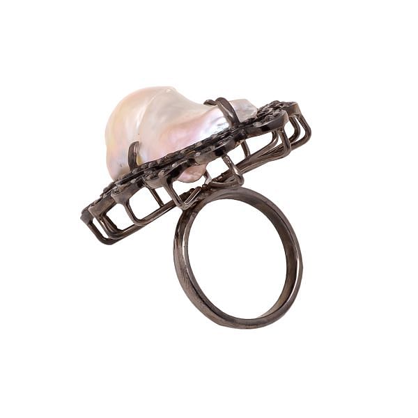 Victorian Jewelry, Silver Diamond Ring With Rose Cut Diamond And Pearl Stone Studded  In 925 Sterling Silver Black Rhodium Plating. J-944
