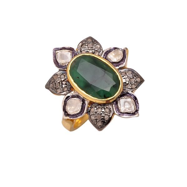 Victorian Jewelry, Silver Diamond Ring With Rose Cut Diamond, Polki Diamond And Emerald Stone Studded  In 925 Sterling Silver Gold, Black Rhodium Plating. J-950