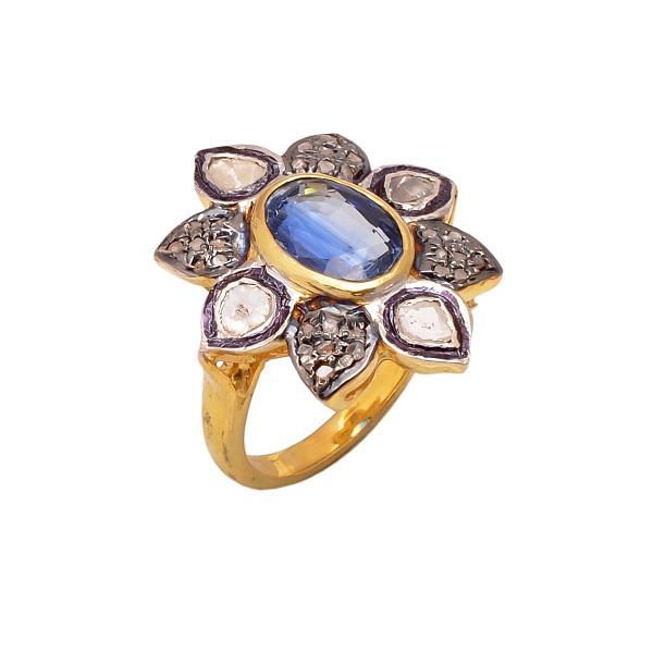 Victorian Jewelry, Silver Diamond Ring With Rose Cut Diamond, Polki Diamond And Kyanite Stone Studded In 925 Sterling Silver Gold, Black Rhodium Plating. J-952