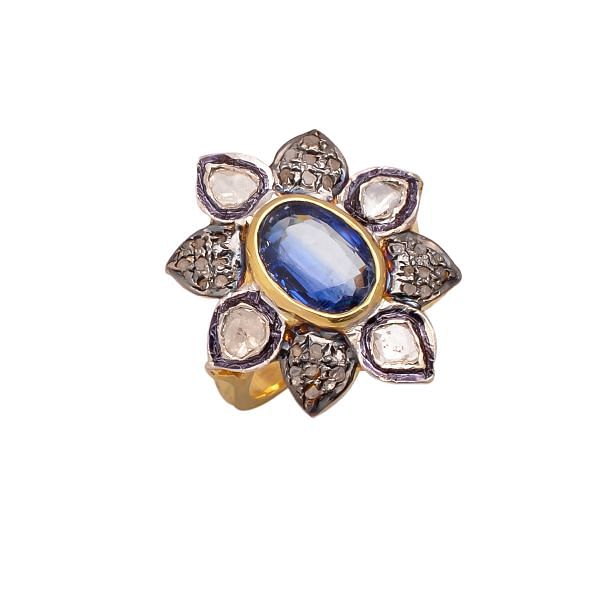 Victorian Jewelry, Silver Diamond Ring With Rose Cut Diamond, Polki Diamond And Kyanite Stone Studded In 925 Sterling Silver Gold, Black Rhodium Plating. J-952