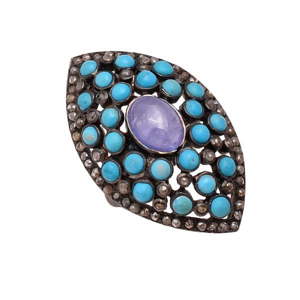Victorian Jewelry, Silver Diamond Ring With Rose Cut Diamond, Turquoise And Tanzanite Stone Studded  In 925 Sterling Silver Black Rhodium Plating. J-954