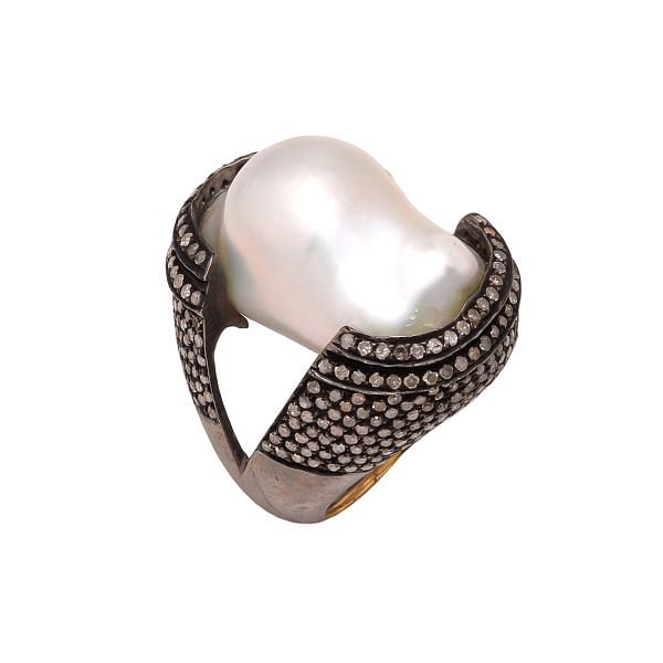 Victorian Jewelry, Silver Diamond Ring With Rose Cut Diamond And Pearl Stone Studded  In 925 Sterling Silver Black Rhodium Plating. J-957