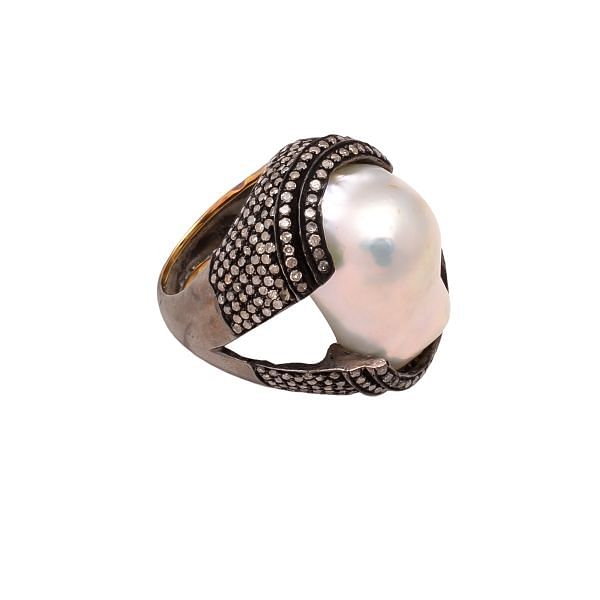 Victorian Jewelry, Silver Diamond Ring With Rose Cut Diamond And Pearl Stone Studded  In 925 Sterling Silver Black Rhodium Plating. J-957