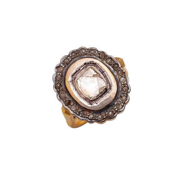 Victorian Jewelry, Silver Diamond Ring With Rose Cut Diamond And Polki Diamond Studded In 925 Sterling Silver Gold, Black Rhodium Plating. J-967