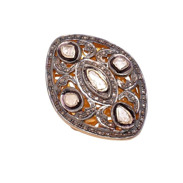 nd Ring With Natural Rose Cut Diamond And Polki Diamonds In Gold\Black Rhodium Plating. J-968