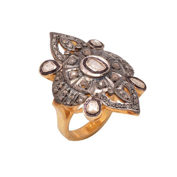 Victorian Jewelry, Silver Diamond Ring With Rose Cut Diamond And Polki Diamond In 925 Sterling Silver Gold, Black Rhodium Plating. J-973