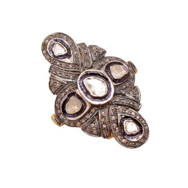 Victorian Jewelry, Silver Diamond Ring With Rose Cut Diamond And Polki Diamond Studded In 925 Sterling Silver Gold, Black Rhodium Plating.  J-976