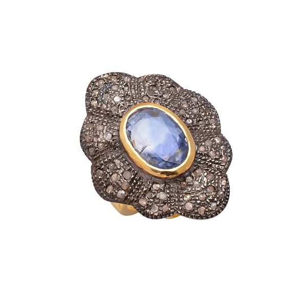 Victorian Jewelry, Silver Diamond Ring With Rose Cut Diamond And Kyanite Stone Studded  In 925 Sterling Silver Gold, Black Rhodium Plating. J-978