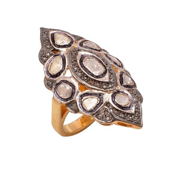 Victorian Jewelry, Silver Diamond Ring With Rose Cut Diamond And Polki Diamond Studded In 925 Sterling Silver Gold, Black Rhodium Plating. J-983