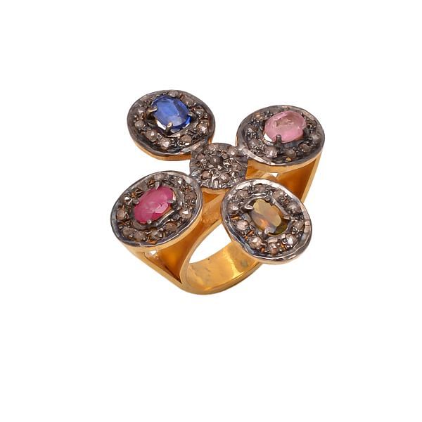 Victorian Jewelry, Silver Diamond Ring With Rose Cut Diamond, Multi Sapphire Stone Studded  In 925 Sterling Silver Gold, Black Rhodium Plating. J-991