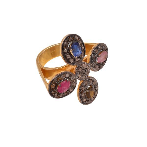 Victorian Jewelry, Silver Diamond Ring With Rose Cut Diamond, Multi Sapphire Stone Studded  In 925 Sterling Silver Gold, Black Rhodium Plating. J-991