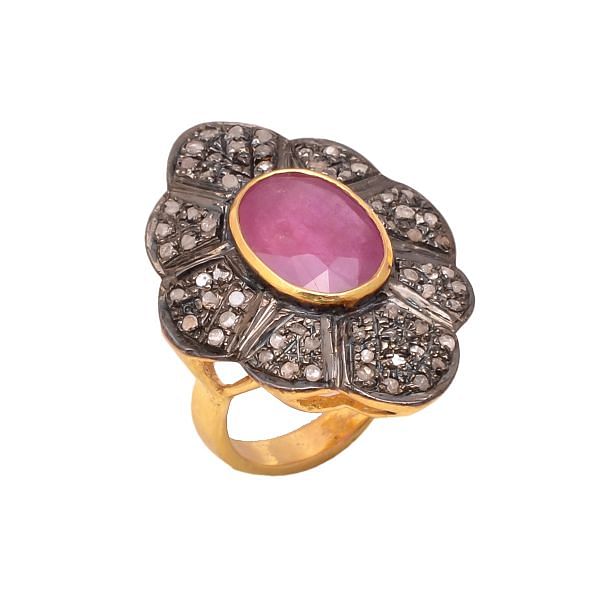 Victorian Jewelry, Silver Diamond Ring With Rose Cut Diamond,  And Ruby Stone Studded  In 925 Sterling Silver Gold, Black Rhodium Plating. J-992
