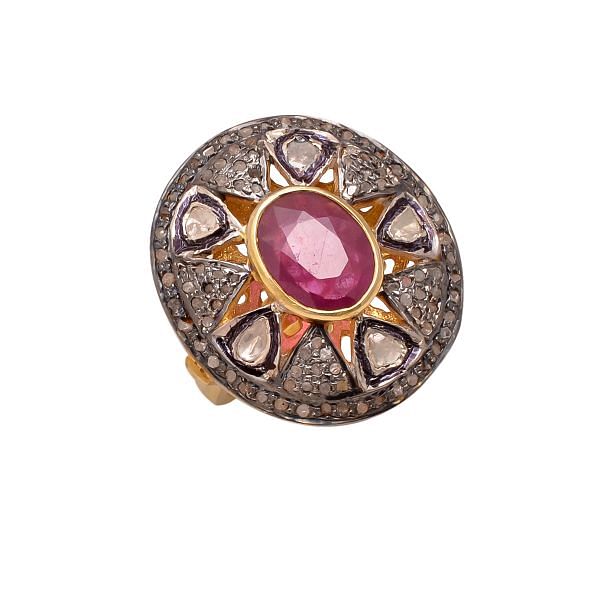 Victorian Jewelry, Silver Diamond Ring With Rose Cut Diamond, Ruby And Polki Diamond Stone Studded  In 925 Sterling Silver Gold, Black Rhodium Plating. J-993