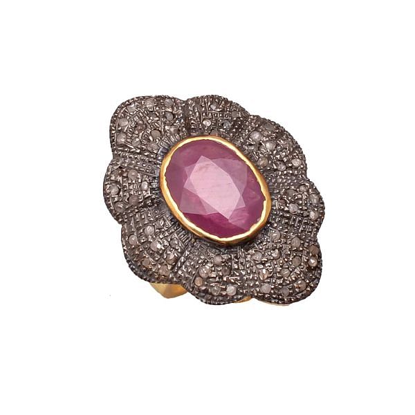 Victorian Jewelry, Silver Diamond Ring With Rose Cut Diamond, And  Ruby Stone Studded  In 925 Sterling Silver Gold, Black Rhodium Plating. J-995